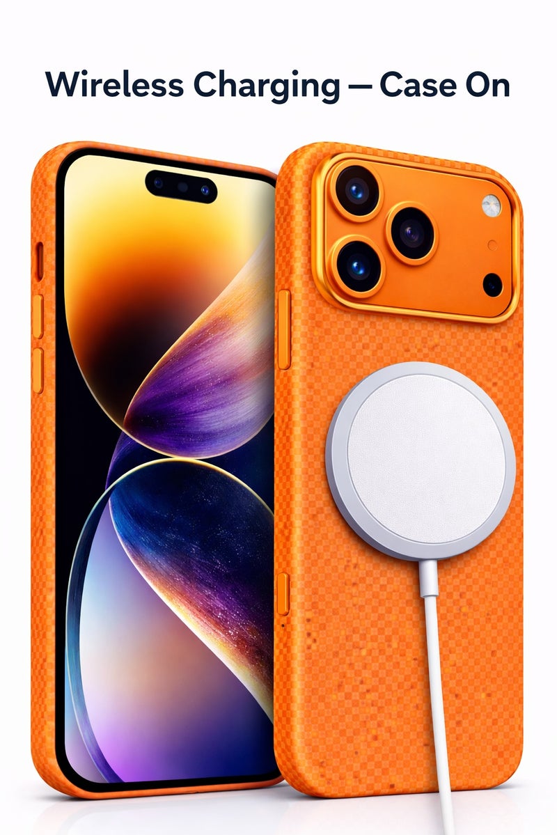 iPhone 17 Pro Mobile cover Aramid Carbon Fiber Case – Orange Woven Texture, Metallic Camera Bezel, Slim Magnetic Protective Cover, 5G Signal Friendly Phone Case - Image 2